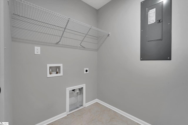 laundry area featuring hookup for an electric dryer, laundry area, washer hookup, baseboards, and electric panel