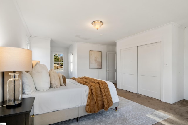 carpeted bedroom featuring a closet and crown molding