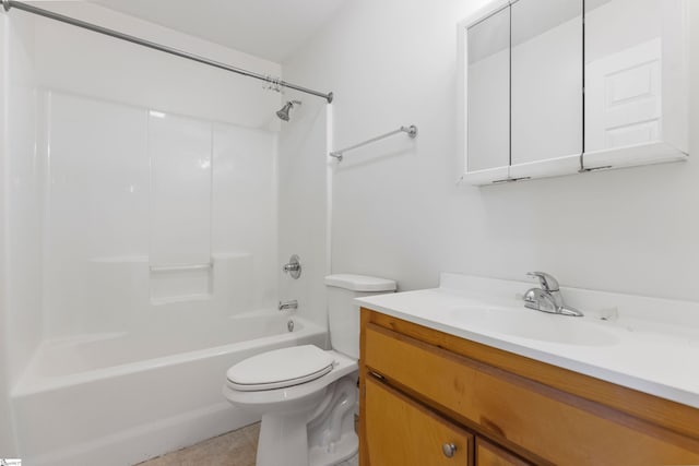 full bathroom with shower / bathtub combination, vanity, toilet, and tile patterned floors