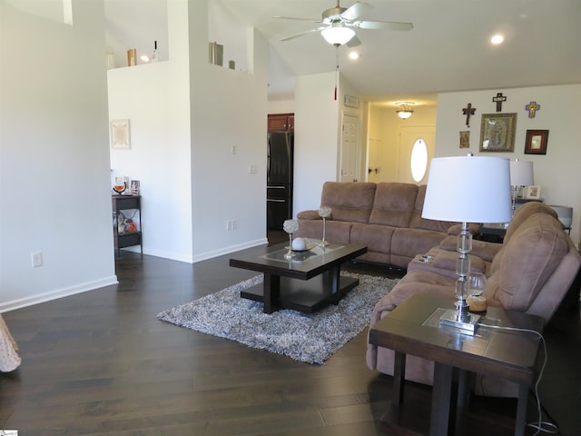 living area featuring recessed lighting, ceiling fan, wood finished floors, high vaulted ceiling, and baseboards