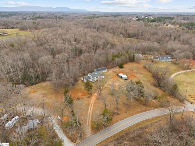 bird's eye view featuring a forest view and a mountain view