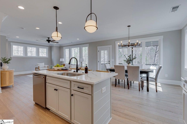 kitchen featuring ornamental molding, visible vents, a sink, and dishwasher