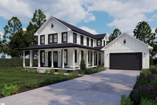 modern farmhouse style home featuring a garage, concrete driveway, covered porch, a front lawn, and board and batten siding