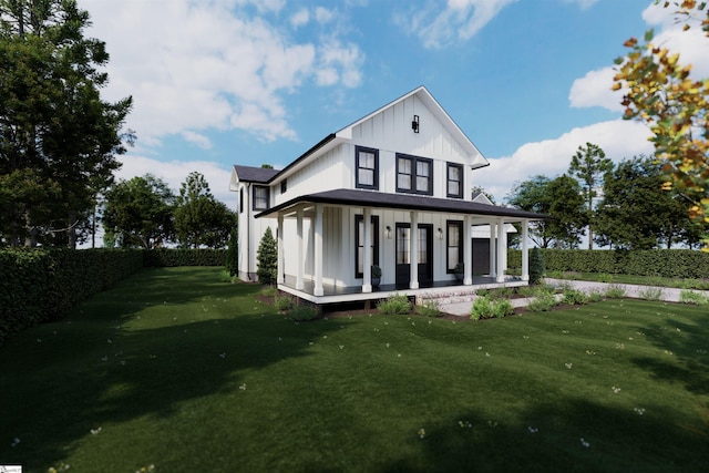 exterior space featuring board and batten siding, a front yard, a porch, and fence