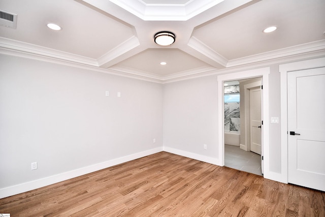 unfurnished bedroom featuring recessed lighting, coffered ceiling, baseboards, light wood-style floors, and crown molding