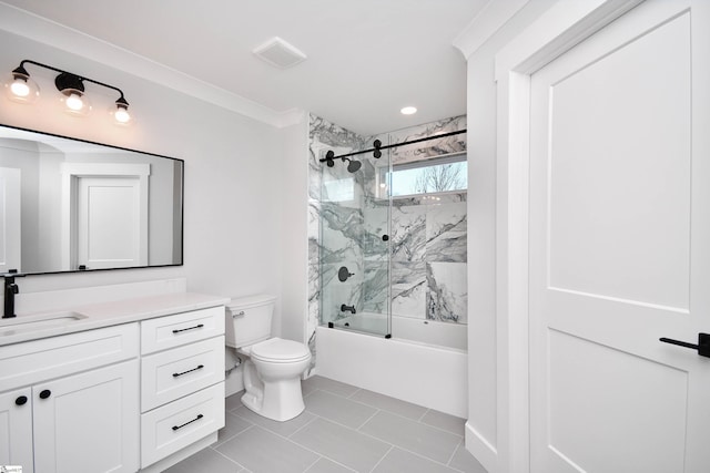 bathroom featuring visible vents, bath / shower combo with glass door, toilet, tile patterned flooring, and vanity