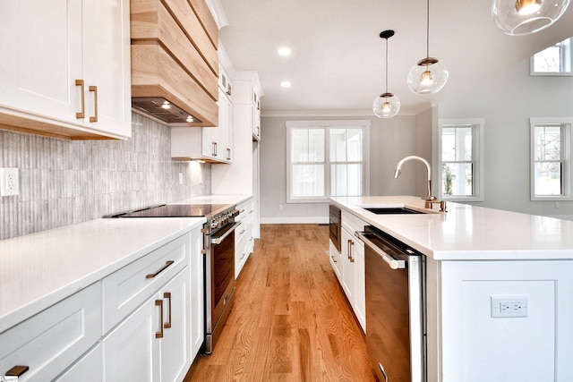 kitchen with a kitchen island with sink, premium range hood, a sink, appliances with stainless steel finishes, and tasteful backsplash