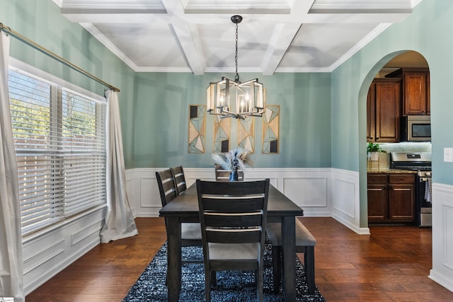 dining area with arched walkways, a wainscoted wall, dark wood-type flooring, coffered ceiling, and beamed ceiling