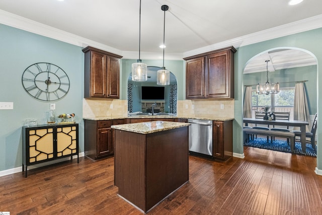 kitchen featuring dark wood-type flooring, dishwasher, a sink, and dark brown cabinets