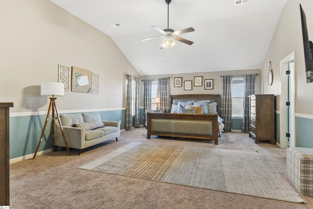 bedroom featuring a ceiling fan, carpet, visible vents, and baseboards