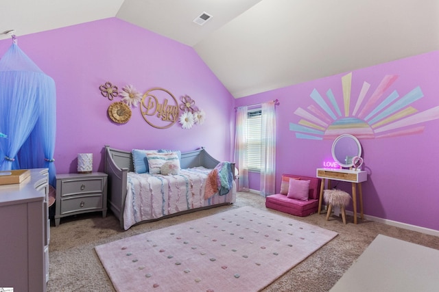 bedroom with carpet, visible vents, lofted ceiling, and baseboards