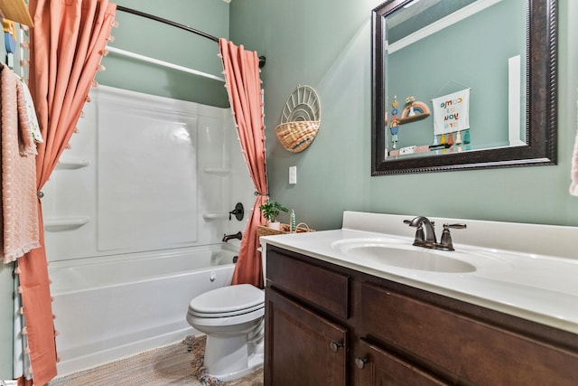 full bath featuring shower / bath combination with curtain, vanity, and toilet