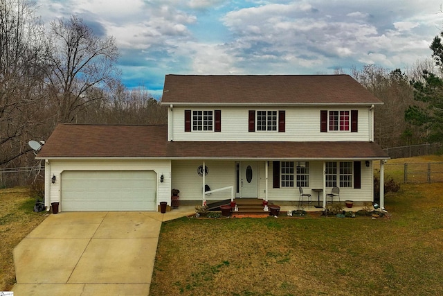 view of front of property featuring a porch, an attached garage, fence, driveway, and a front lawn