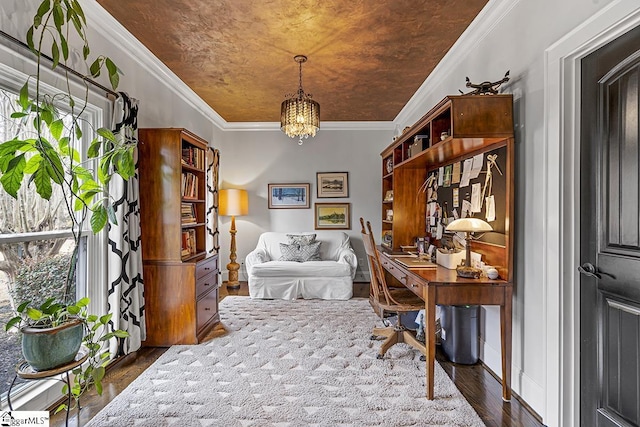 office featuring ornamental molding, dark wood-style flooring, and a notable chandelier