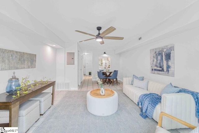 tiled living area featuring electric panel, visible vents, and a ceiling fan