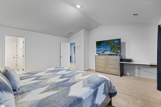 bedroom with light carpet, visible vents, and vaulted ceiling