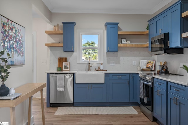 14 Arden Street Units A & B, Greenville, SC 29607 - kitchen with stainless steel appliances, a sink, blue cabinetry, and open shelves
