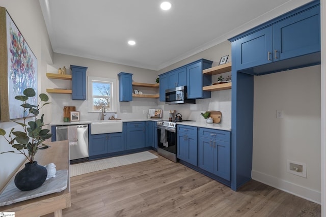 14 Arden Street Units A & B, Greenville, SC 29607 - kitchen featuring light wood finished floors, blue cabinets, stainless steel appliances, open shelves, and a sink