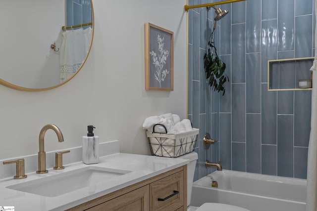 full bathroom with vanity, toilet, and shower / tub combo with curtain