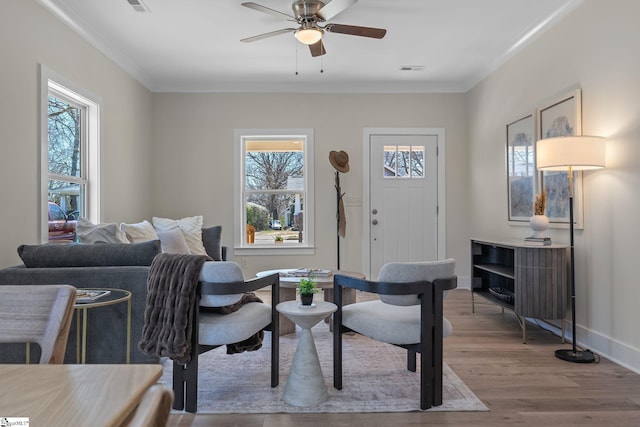 14 Arden Street Units A & B, Greenville, SC 29607 - living room with ceiling fan, wood finished floors, visible vents, baseboards, and crown molding