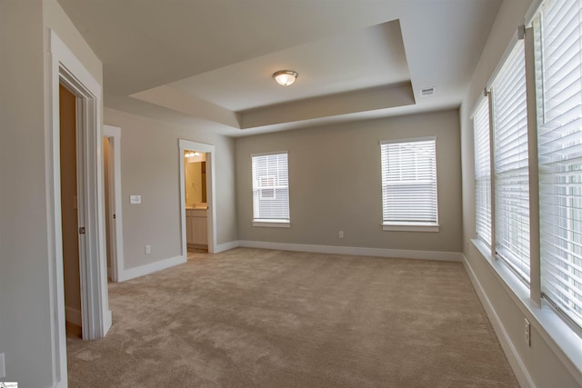 spare room with baseboards, a tray ceiling, and light colored carpet