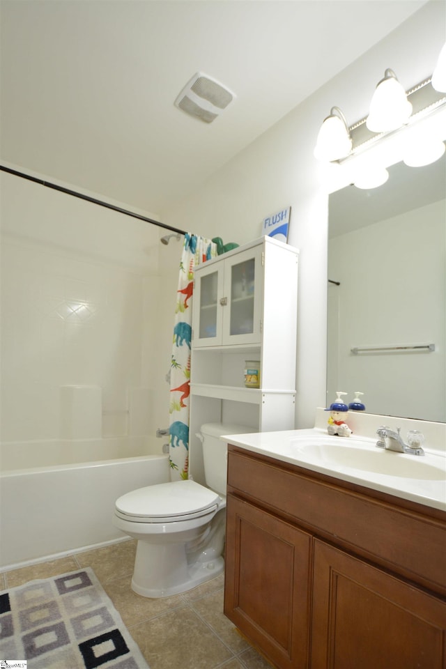 bathroom featuring tile patterned flooring, toilet, visible vents, vanity, and shower / bath combo