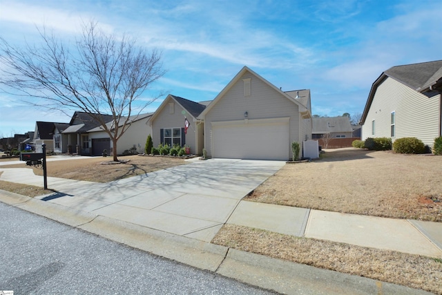 ranch-style house with a garage, concrete driveway, and central AC unit