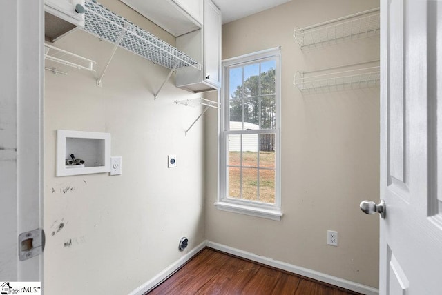 washroom with hookup for an electric dryer, laundry area, washer hookup, baseboards, and dark wood-style floors