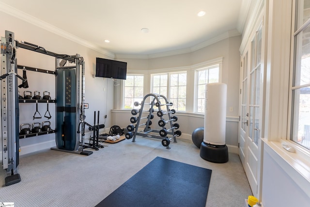 exercise area featuring carpet, baseboards, crown molding, and recessed lighting