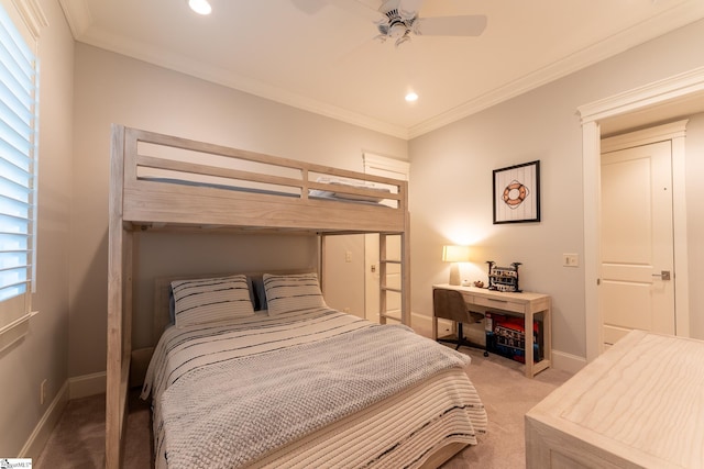 bedroom with baseboards, ornamental molding, recessed lighting, and light colored carpet