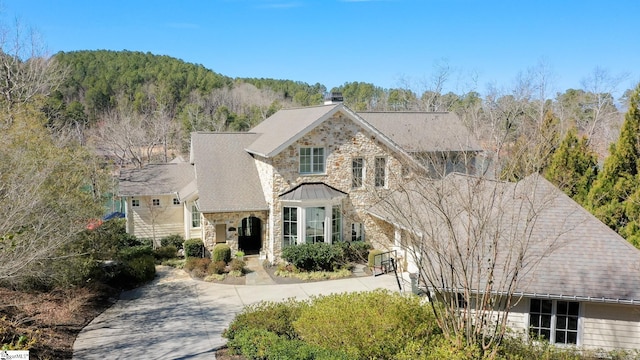 traditional-style house featuring stone siding, a forest view, and driveway