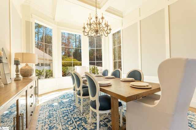 dining space with beam ceiling, crown molding, a notable chandelier, coffered ceiling, and tile patterned floors