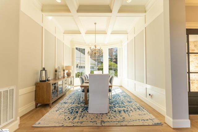 dining space featuring visible vents, coffered ceiling, a notable chandelier, a decorative wall, and beam ceiling