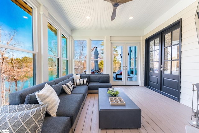 sunroom with french doors and wooden ceiling