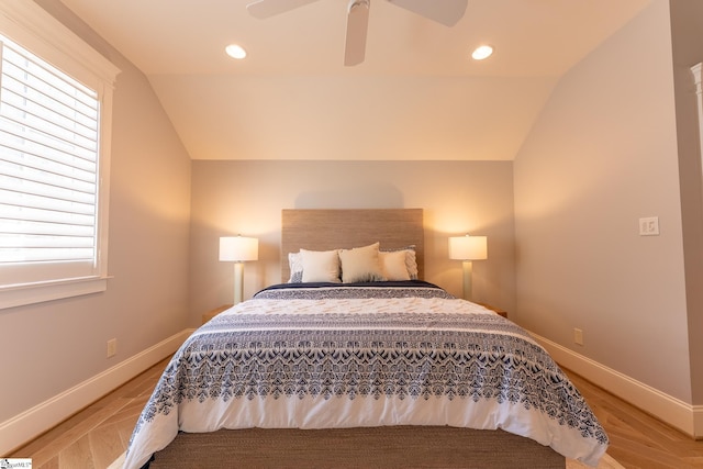 bedroom featuring recessed lighting, vaulted ceiling, baseboards, and wood finished floors