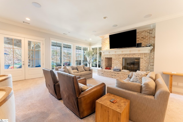 living room with light carpet, a fireplace, and ornamental molding