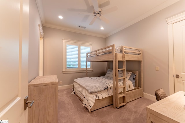 carpeted bedroom featuring crown molding, recessed lighting, visible vents, ceiling fan, and baseboards