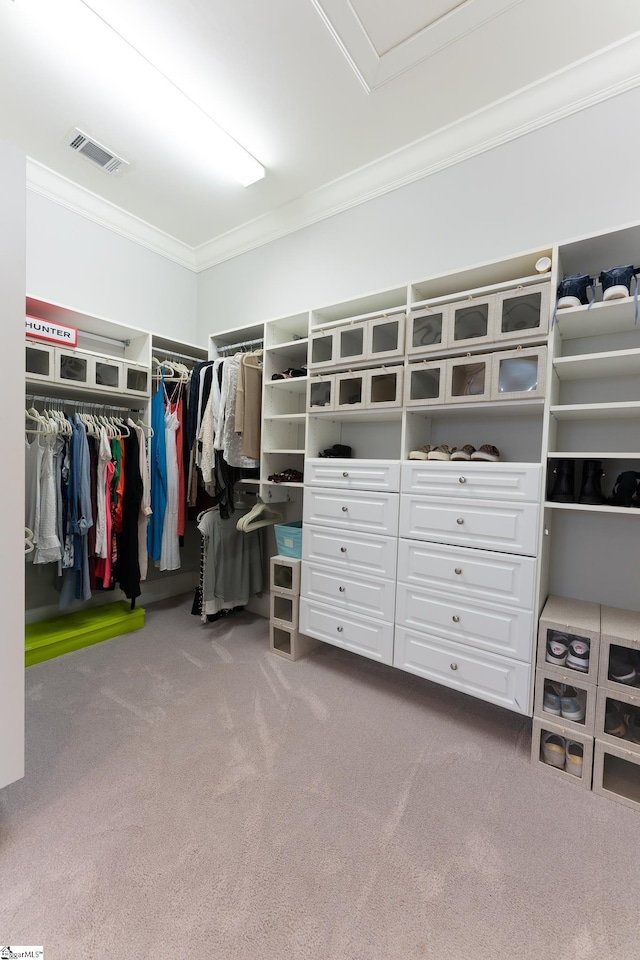 walk in closet with carpet floors and visible vents