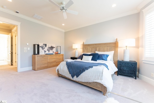 bedroom featuring ornamental molding, recessed lighting, light colored carpet, and baseboards