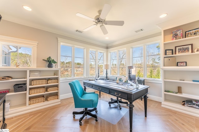 office featuring recessed lighting, baseboards, visible vents, and ornamental molding