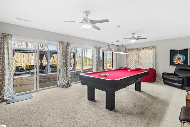 playroom featuring ceiling fan, carpet floors, billiards, and visible vents