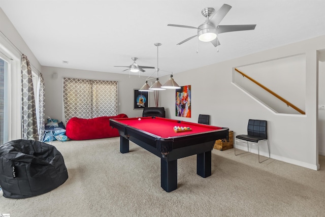 game room featuring billiards, carpet flooring, a ceiling fan, and baseboards