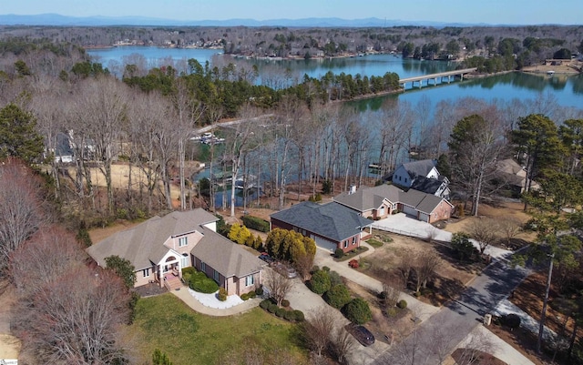 drone / aerial view with a water view and a view of trees