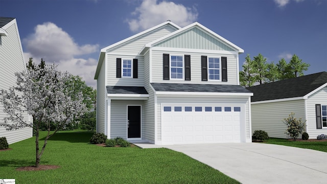 view of front of house with board and batten siding, concrete driveway, an attached garage, and a front lawn