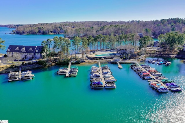 birds eye view of property with a water view and a view of trees