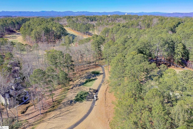 drone / aerial view with a mountain view and a forest view