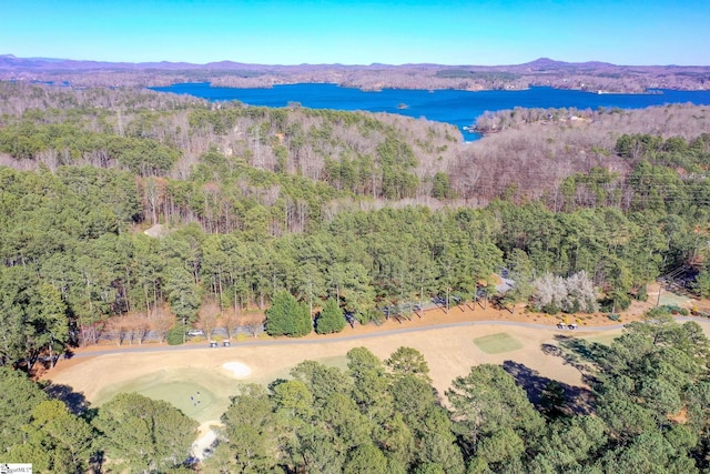 drone / aerial view featuring a water and mountain view and a wooded view