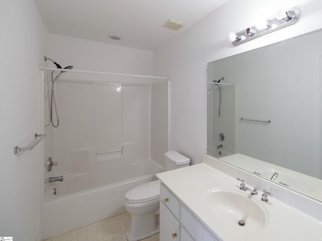 full bath featuring toilet, visible vents, shower / washtub combination, and vanity