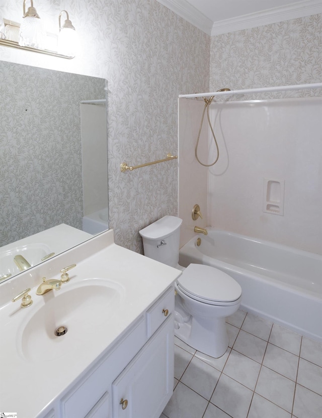 bathroom with crown molding, tile patterned floors, toilet, and wallpapered walls