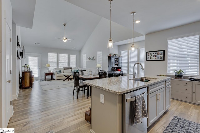 kitchen featuring dishwasher, light wood-type flooring, a sink, and a wealth of natural light